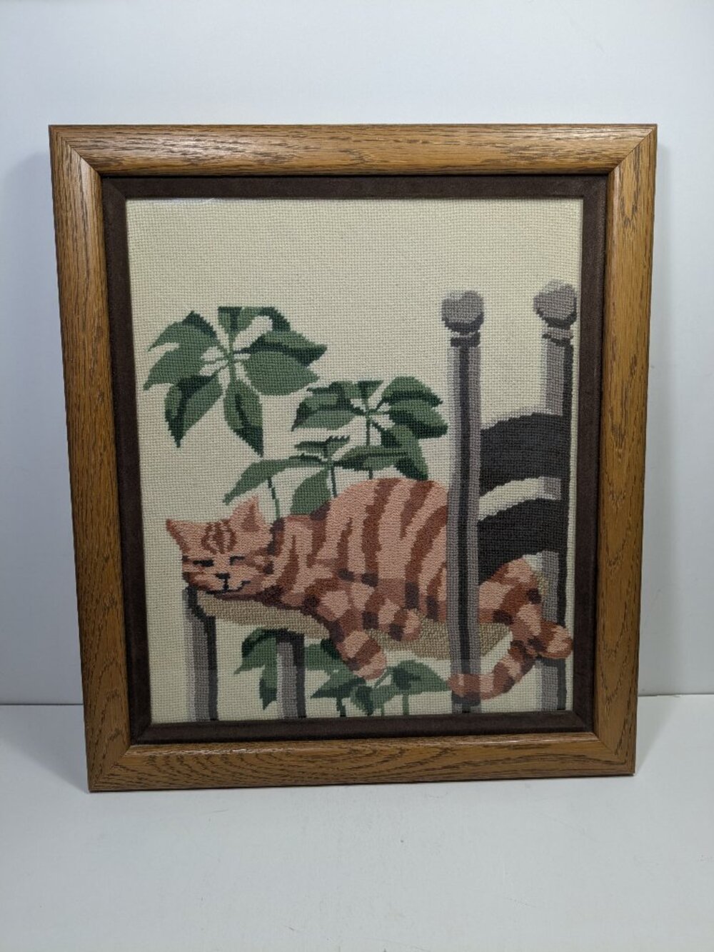 Vintage Framed Orange Tabby Cat Sleeping Chair Plant Needlepoint Crewel Wooden